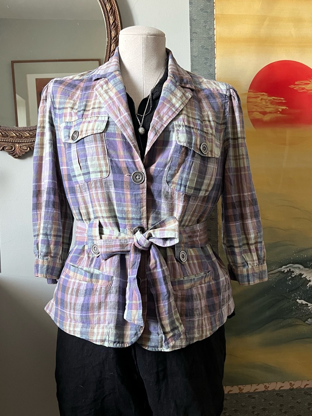 Le chateau linen Plaid Tie-Waist Pastel Blazer